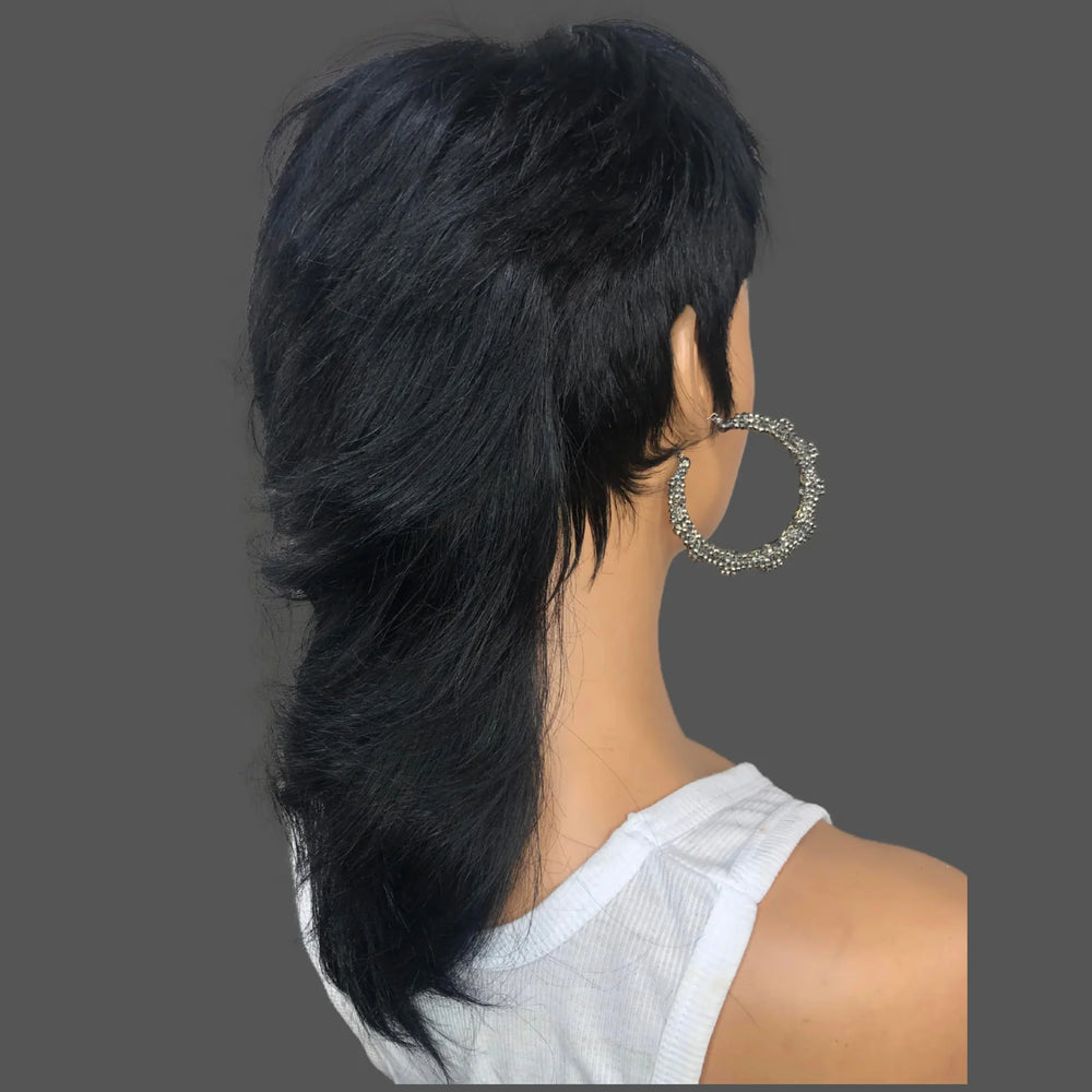 Short Glueless Mullet Wigs For Women Girls 80s 90s Human Hair Natrual Black