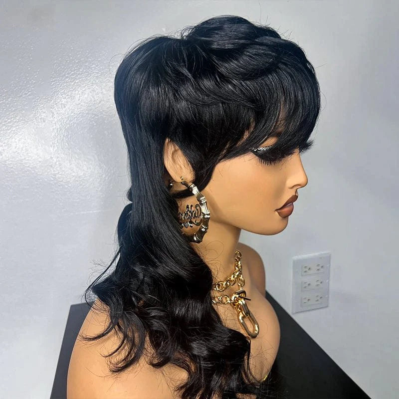 Glueless Mullet Wigs With Bangs Human Hair