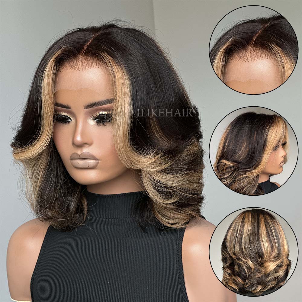Bob wig blonde wavy layered swiss lace front Designer Highlight Middle Part Layered Short Bob Wig Lace  main image 3