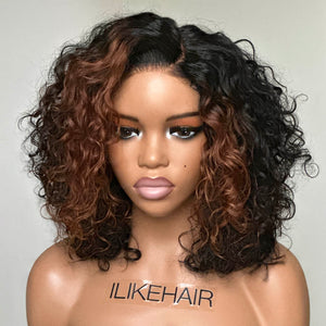 Short Brown Highlights Fluffy Curly Glueless 5x5 Lace Closure Wig