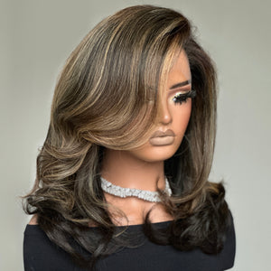 Dark Brown with Blonde Highlights Layered Wavy 13x4 Lace Front Wig
