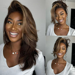 Dark Brown with Blonde Highlights Layered Wavy 13x4 Lace Front Wig