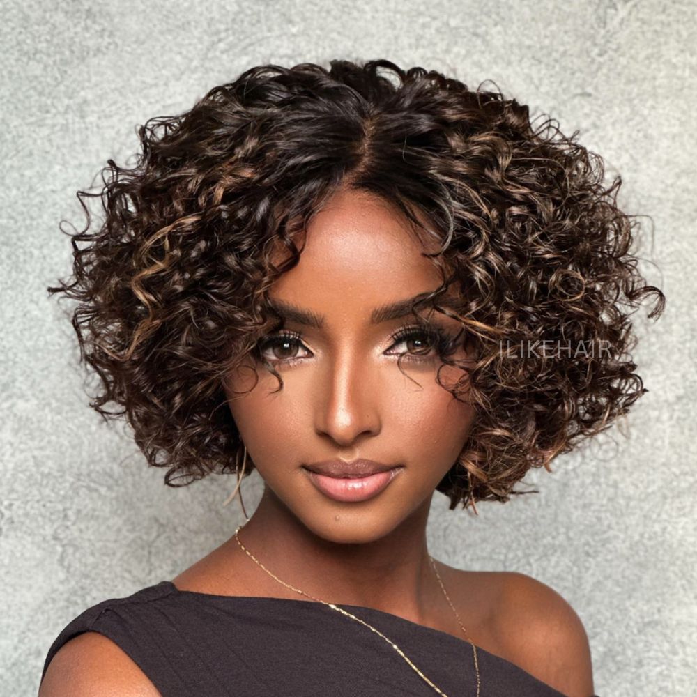 Short brown highlights curly Bob wig Lacefront Wig Curly Bob Strawberry Blond Highlights Lace Front Wigs With  main image 3