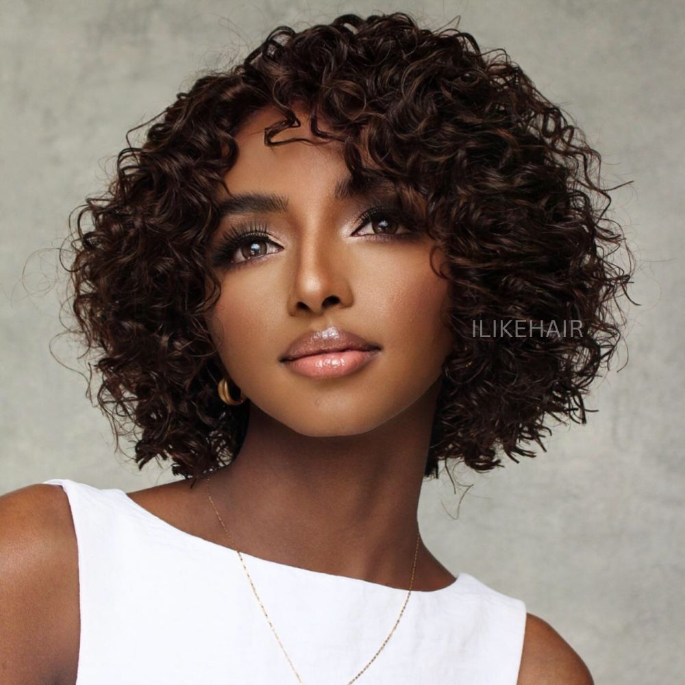 Brown Asymmetrical Bob Wig 2020 Short curly Wig Smart-Fit Pull Go Ombre Brown Curly Layer Cut Bob Wig  main image 4