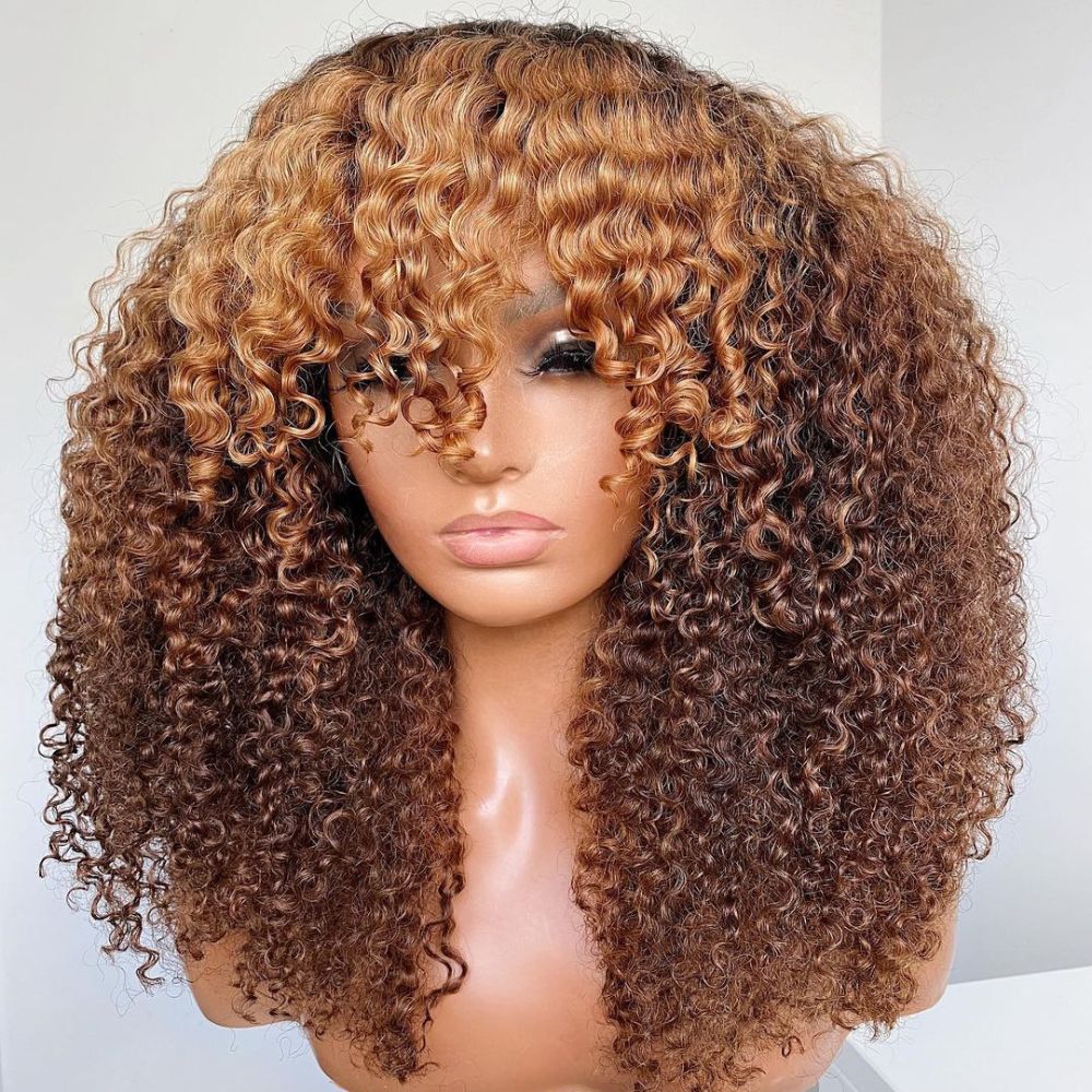 Glueless Brown with Blonde Highlight Curly Wig With Bang