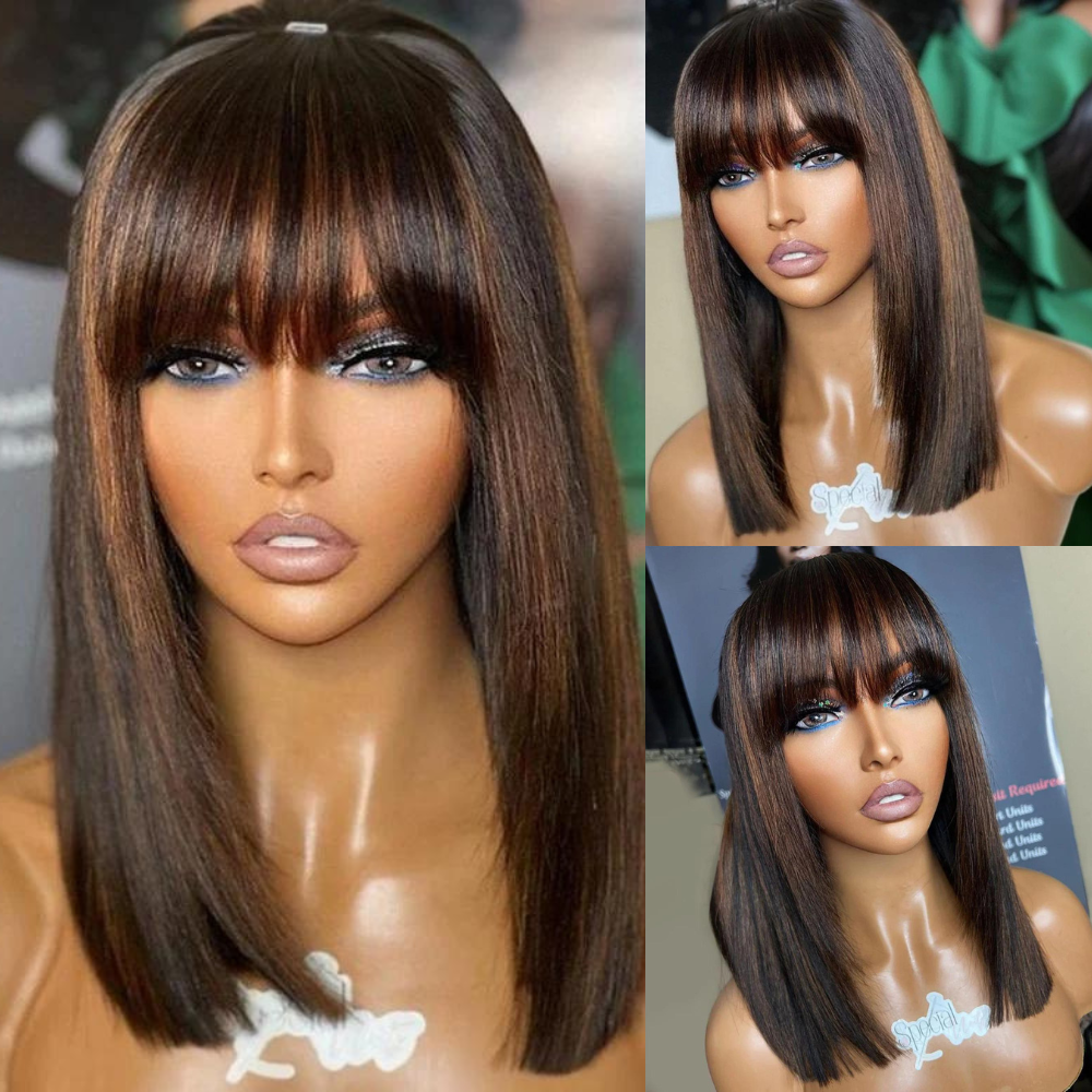 Short Brown Highlights With Bang Glueless Human Hair Wig