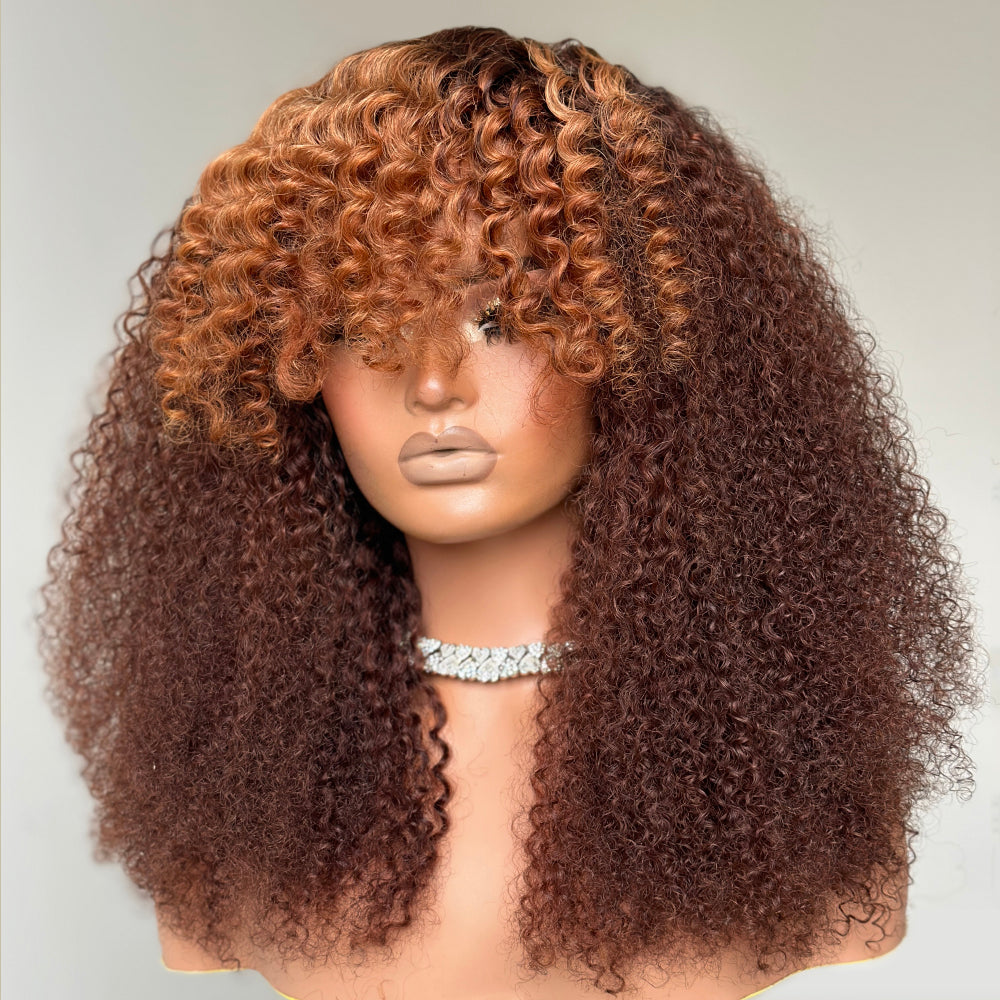 Wear & Go Glueless Brown Curly Wig With Blonde Bangs