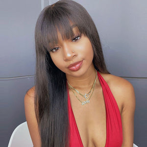 Natural Black Glueless Silky Straight Wig With Bangs