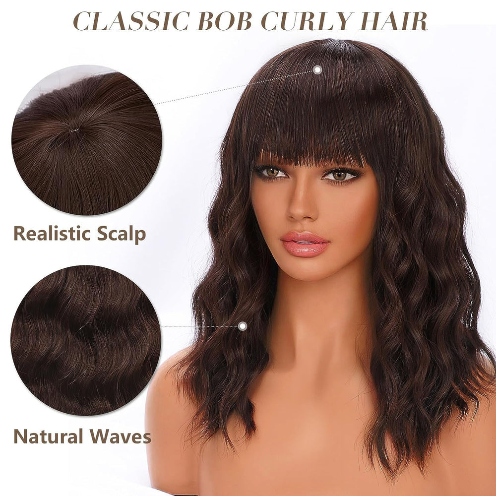 Brown Wavy Glueless Wig with Bangs Chocolate Brown Shoulder Length Human Hair Wigs