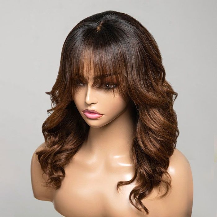 Ombre Chestnut Brown Layered Curtain Bangs Wavy Lace Front Wig