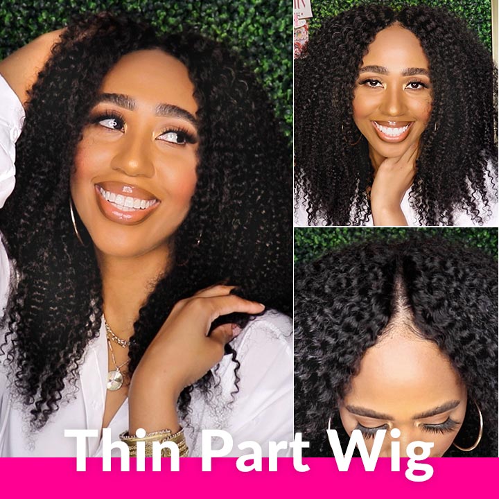 Thin V Part Wig 4A 4B Kinky Curly Human Hair Wigs No Lace No Leave Out