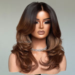 Fall Vibe Ombre Brown Layered Wavy With Curtain Bangs Lace Closure Wig