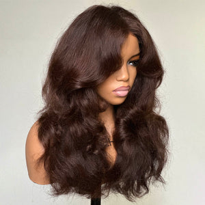 Chocolate Brown Long Layered Wavy With Curtain Bangs 5x5 Lace Closure Wig