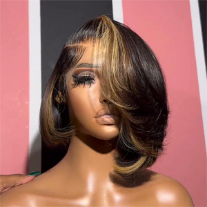 Mix Ombre Blonde and Brown Glueless Side Part Short Lace Closure Wig