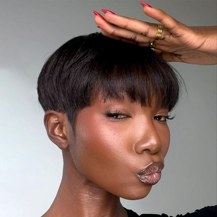Put on  & Go Natural Black Short Pixie Hair Bowler Cut Wig