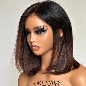 Shoulder Length Straight Brown Ombre Human Hair Lace Closure Wig