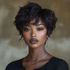 Glueless Natural Black Layered Pixie Wavy Wig With Bangs