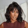 Brown Highlight Wavy Bob With Bangs Low Maintenance Human Hair Wig