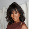 Brown Highlight Wavy Bob With Bangs Low Maintenance Human Hair Wig