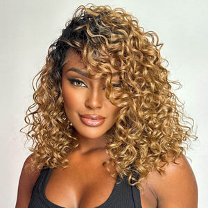 Sassy Ombre Blonde With Dark Root Curly Lace Wig