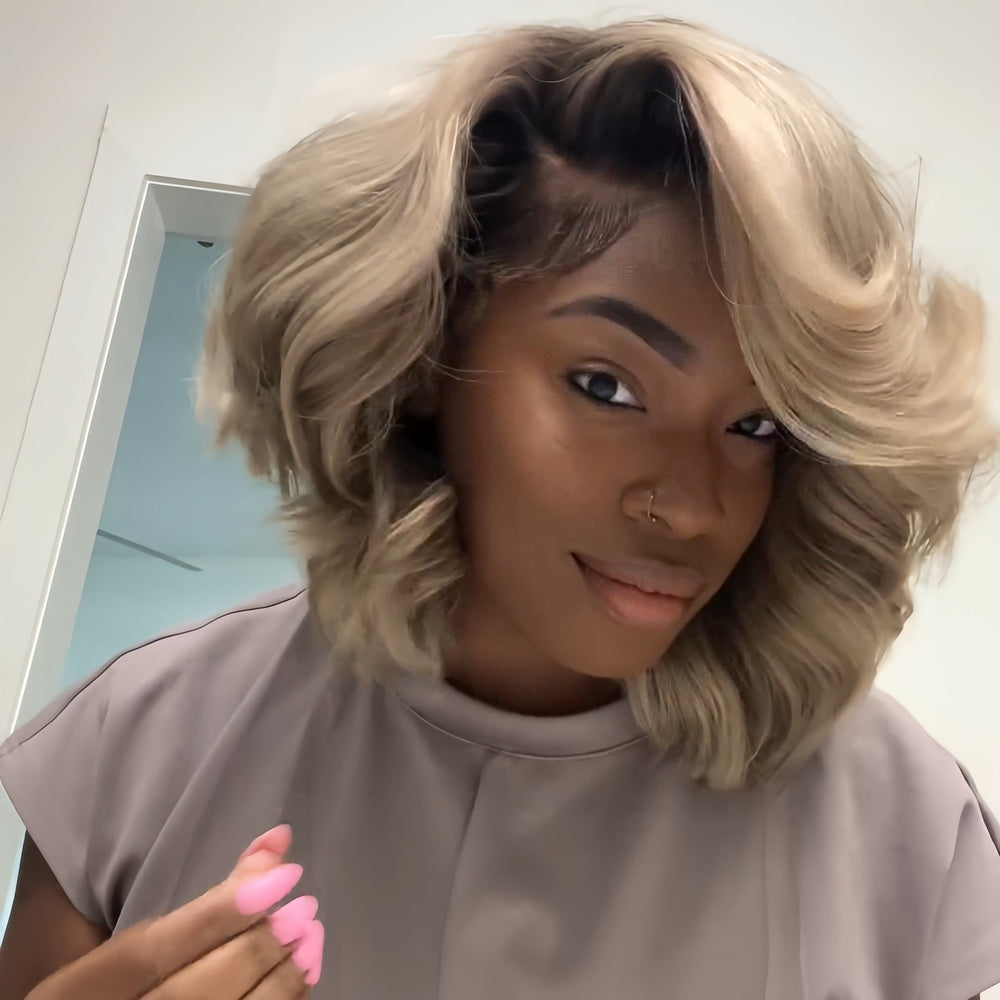 Ombre 613 Blonde Side Part Layered Cut Bob With Brown Root 13x4 Lace Front Wig