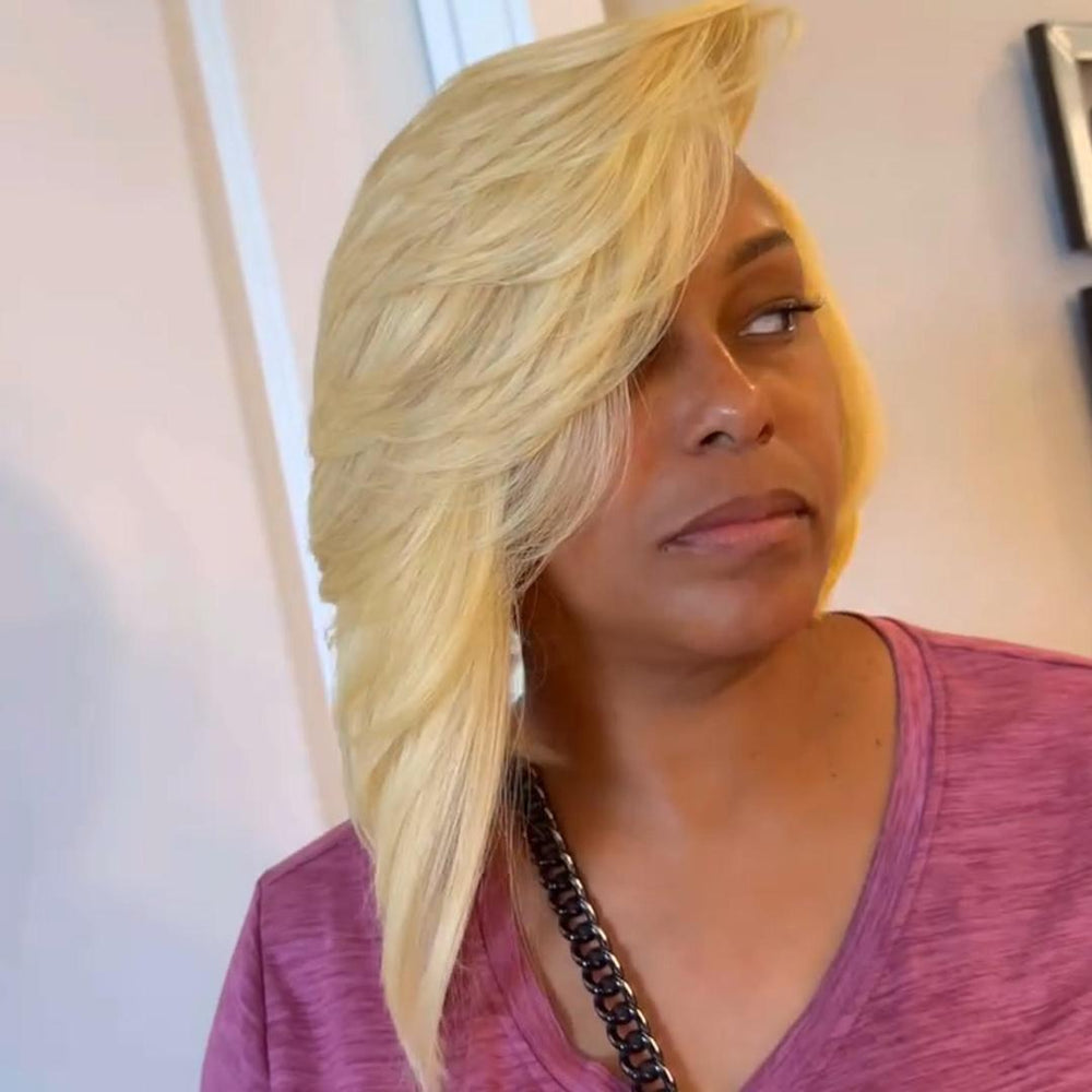 613 Blonde Asymmetry Layered Cut Bob 13x4 Lace Frontal Wig