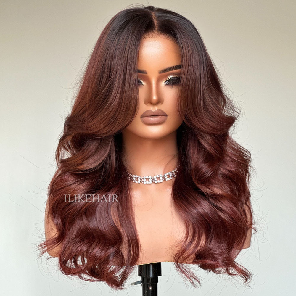 Long Layers Ombre Reddish Brown Body Wave Lace Closure Wig