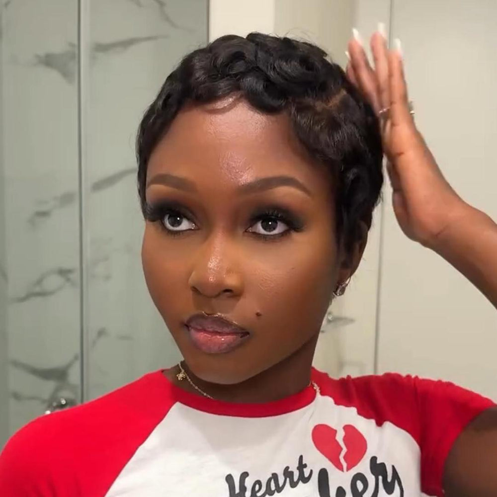 Full Lace Finger Wavy Pixie 100% Human Hair Wig