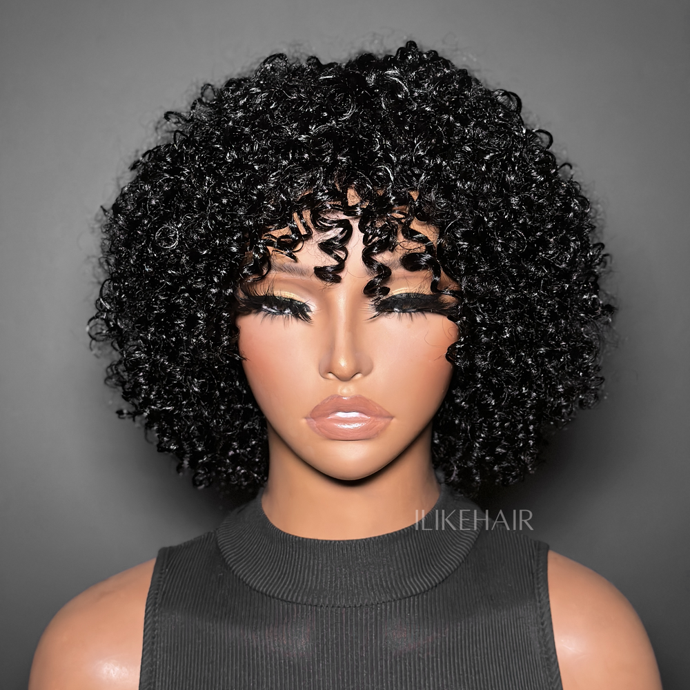 Put On & Go Kinky Curly Bob Human Hair Wig With Bangs