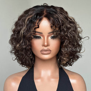 Short Blonde Highlights Glueless Pixie Curly Lace Closure Wig