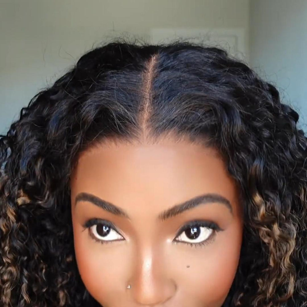 Ombre Chestnut Kinky Curly Lace Closure Wig With Finger Coily Ended
