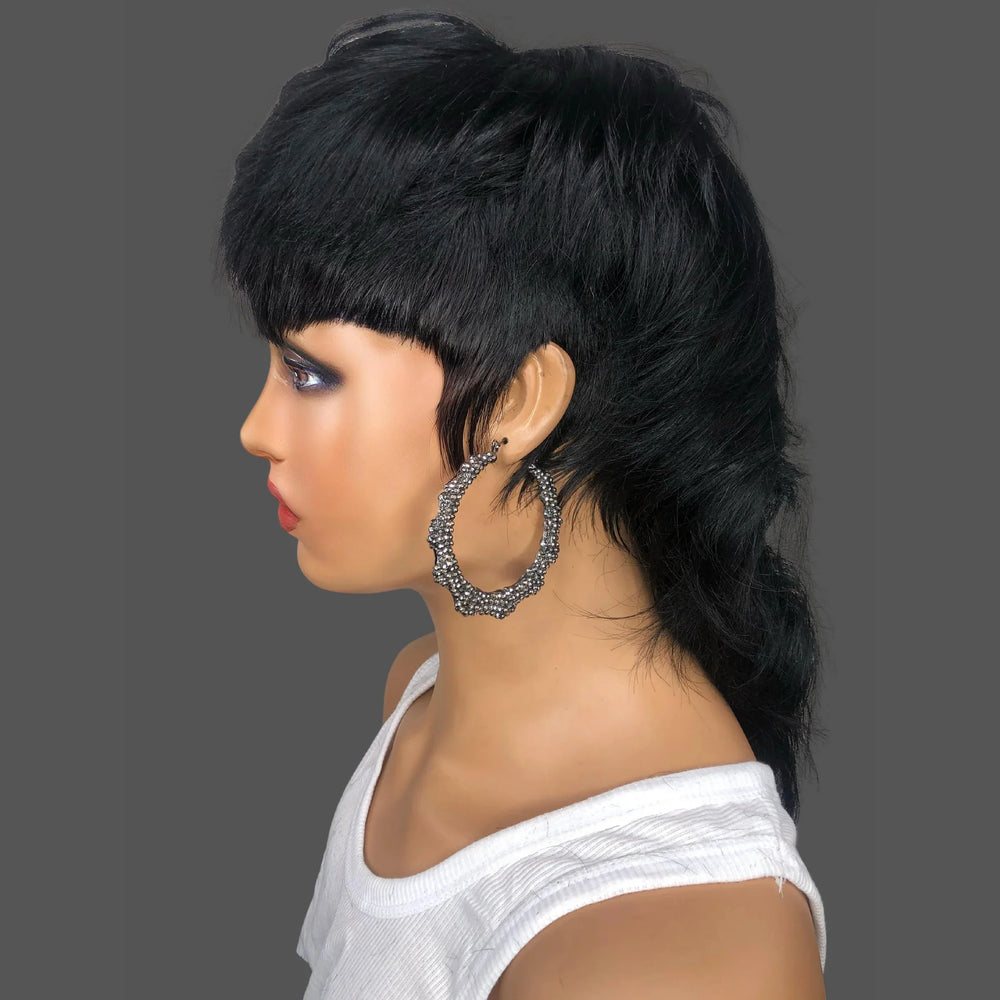 Short Glueless Mullet Wigs for Women Girls 80s 90s Human Hair Natrual Black 16 Inches