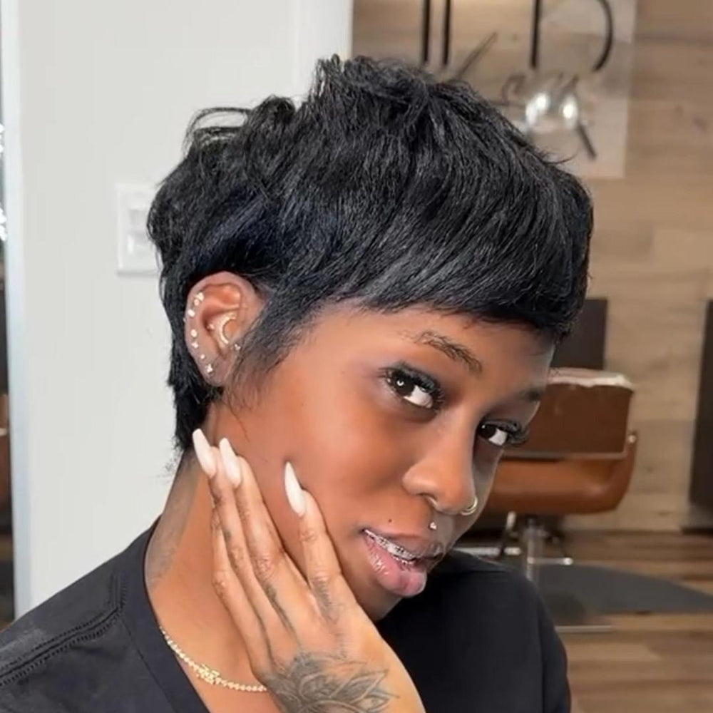 Full Lace Kinky Straight Layered Wavy Short Cut Wig