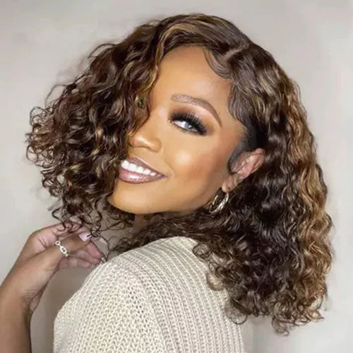 
            
                Load image into Gallery viewer, Highlight Honey Blonde Deep Curly Glueless Lace Bob Wig
            
        