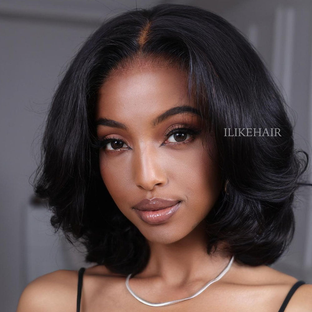 Put on & Go Layered Bob Short Wavy Glueless Human Hair Lace Wig