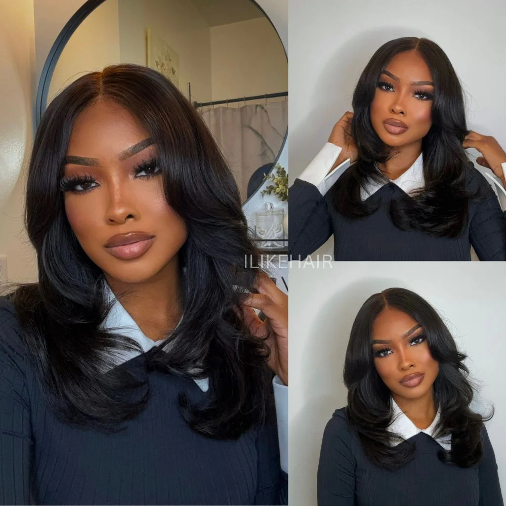 Elegant Put on & Go Layered Wavy Curtain Bangs 4x4 Lace Closure Wig