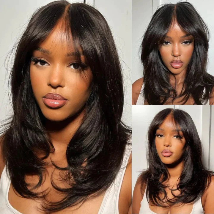 Elegant Put on & Go Layered Wavy Curtain Bangs 4x4 Lace Closure Wig