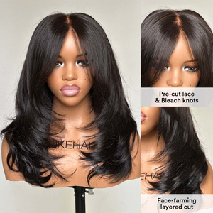 Elegant Put on & Go Layered Wavy Curtain Bangs 4x4 Lace Closure Wig