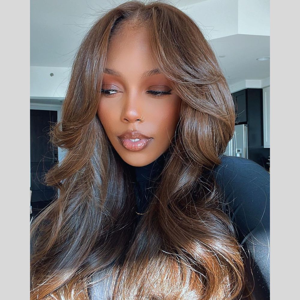 
            
                Load image into Gallery viewer, Camel Brown Layered Cut With Curtain Bang Quick Weave 13X4 Lace Front Wig
            
        