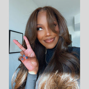 
            
                Load image into Gallery viewer, Camel Brown Layered Cut With Curtain Bang Quick Weave 13X4 Lace Front Wig
            
        