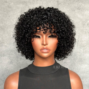 Put On & Go Kinky Curly Bob Human Hair Wig With Bangs