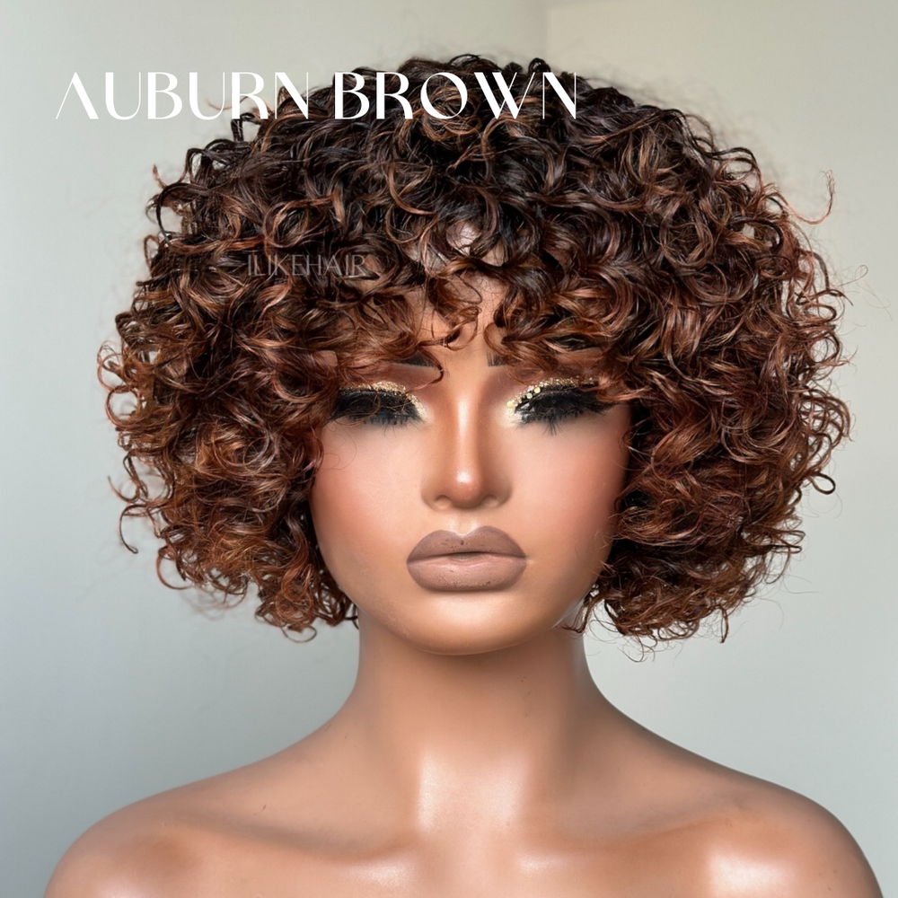 Chic Ombre Mix Color Short Cut Curly Put On & Go Wig 100% Human Hair