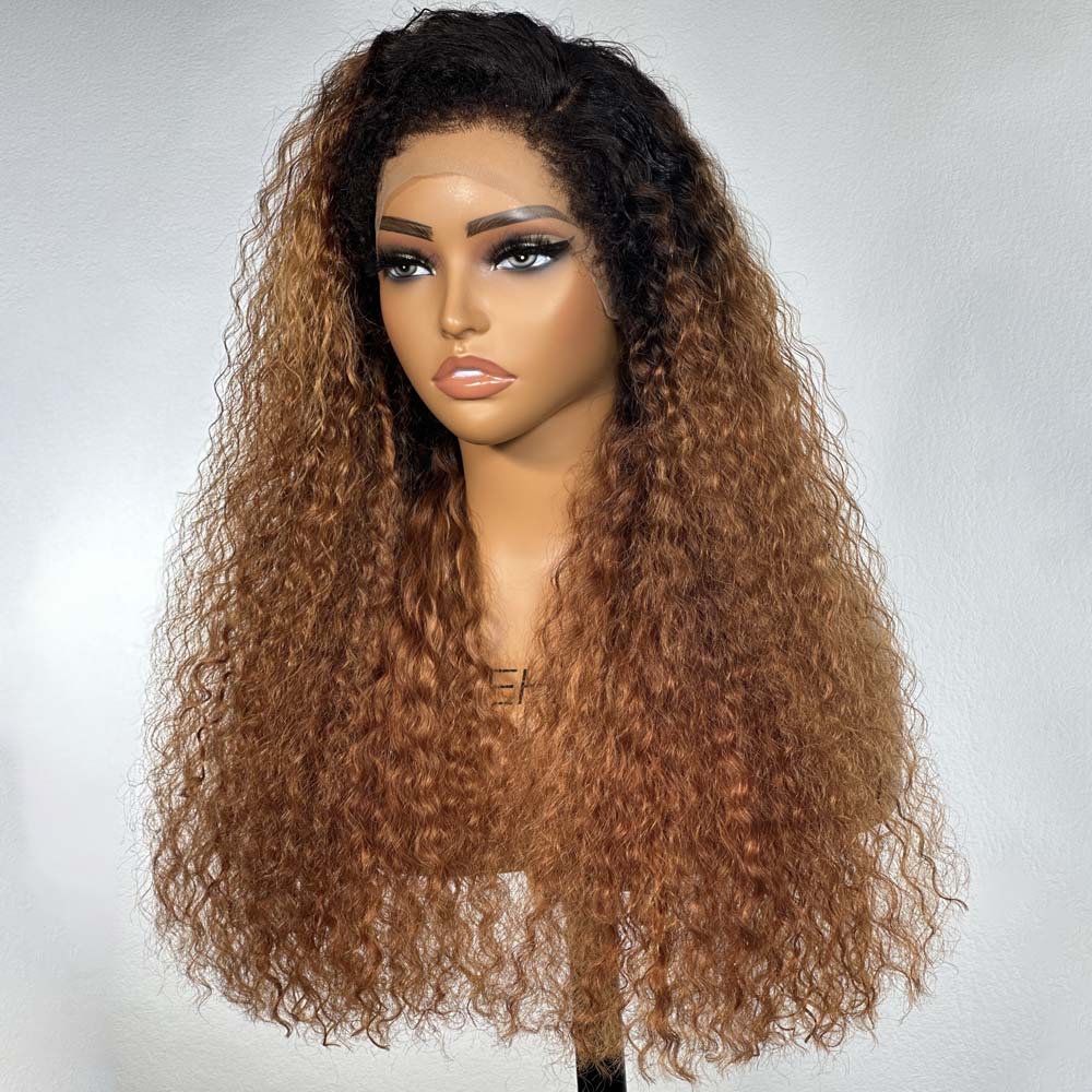 
            
                Load image into Gallery viewer, Ombre Brown Front &amp;amp; Back Curly Edges 13x4 Lace Frontal Curly Wig
            
        