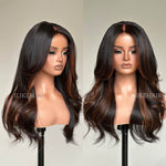 Auburn Brown Highlights Layered Cut Wavy Lace Closure Wig