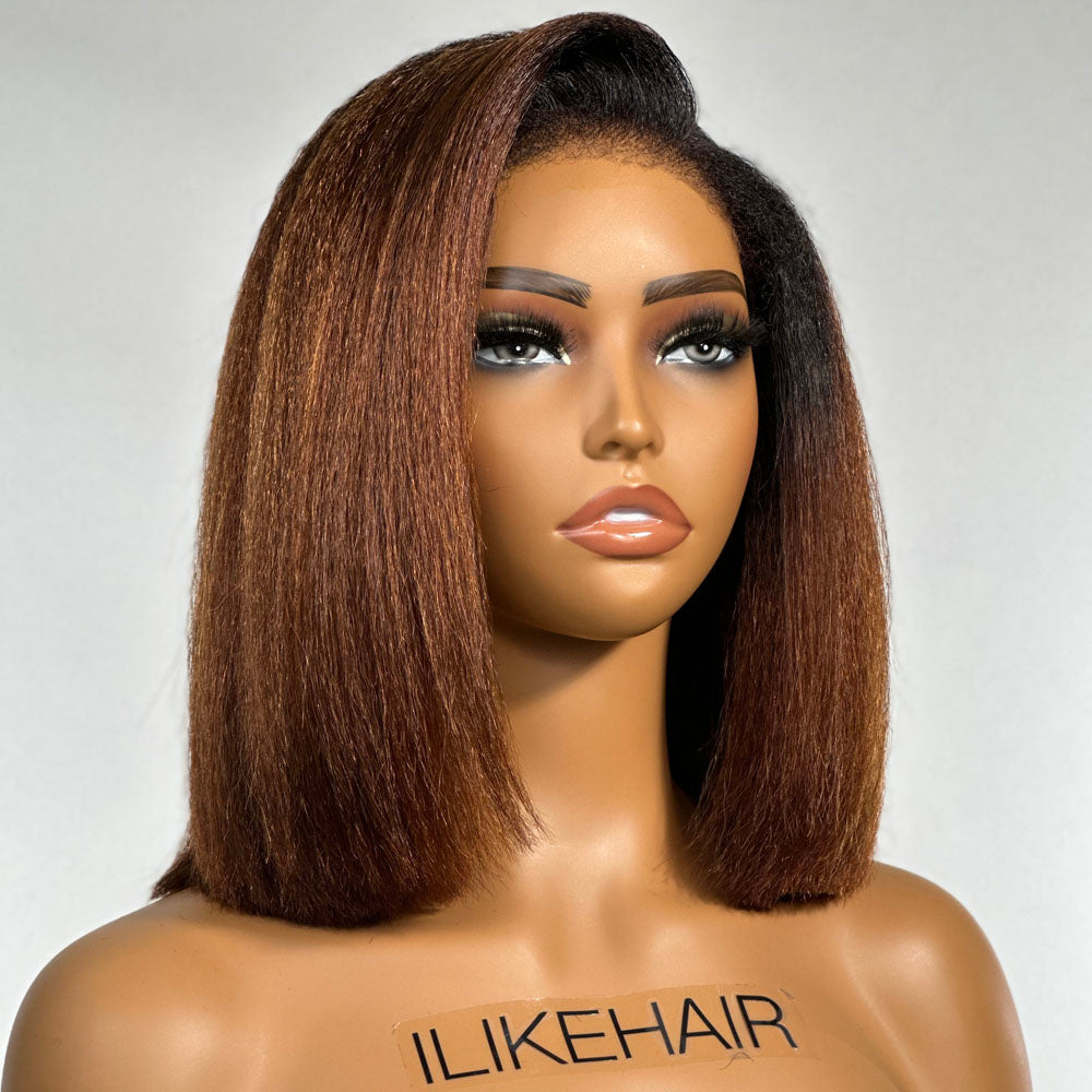 
            
                Load image into Gallery viewer, 5x5 Ombre Brown Kinky Straight Bob Pre Cut HD Lace Kinky Edges Wig
            
        