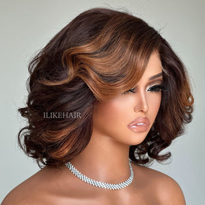 Fall Vibe Brown Highlight Short Layered Wavy Lace Closure Wig