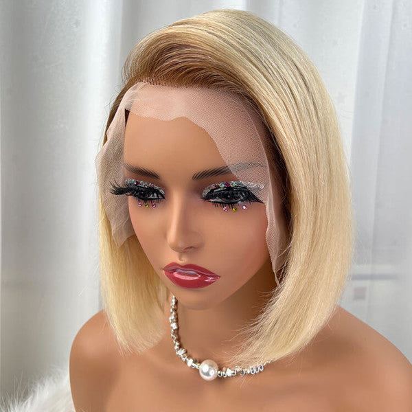 Blonde Bob With Brown Roots Lace Front Wig