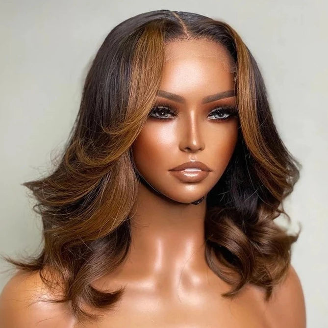 Shoulder Length Middle Part Layered Wavy Curtain Bangs Copper Brown Highlights Lace Front Wigs