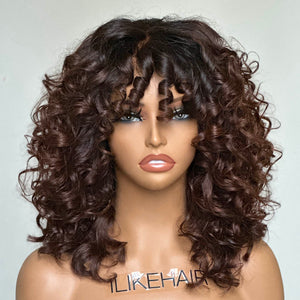 Glueless Reddish Brown With Dark Root Bouncy Curl 5x5 Lace Wig