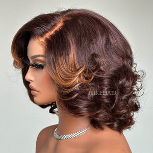 Fall Vibe Brown Highlight Short Layered Wavy Lace Closure Wig